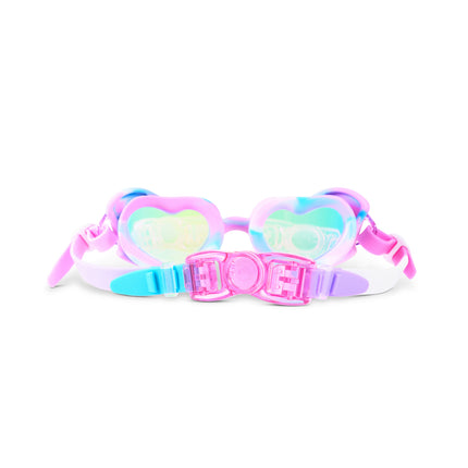 Back view of Swirl Me Up Radberry Twist heart-shaped swim goggles showing adjustable strap and back clip closure