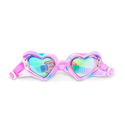 Heart-shaped kids swim goggles in pink, blue, and purple swirl colors with iridescent lenses and rhinestone accents – Swirl Me Up Radberry Twist