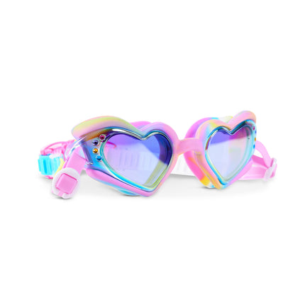 Angled view of Swirl Me Up Sugar Loop heart swim goggles featuring pastel swirl frame and mirrored lenses