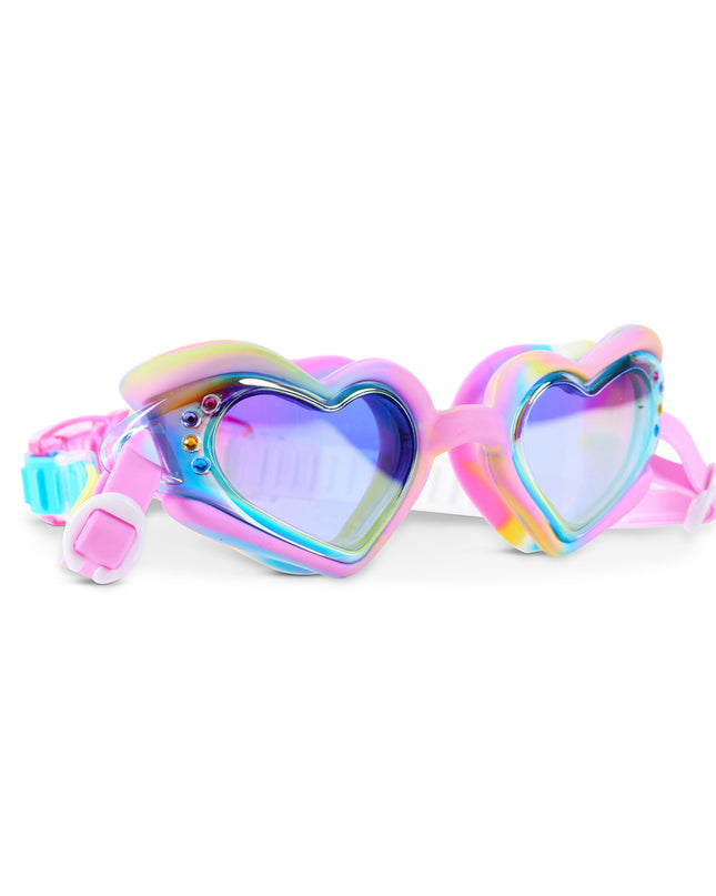 Angled view of Swirl Me Up Sugar Loop heart swim goggles featuring pastel swirl frame and mirrored lenses