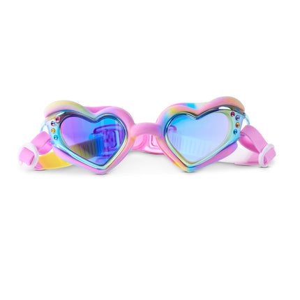 Heart-shaped kids swim goggles in pastel swirl colors with iridescent lenses and rhinestone accents – Swirl Me Up Sugar Loop