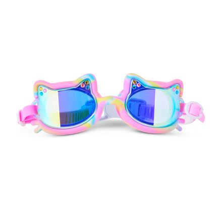 Tie-Dye Tabby cat-shaped swim goggles in Meowberry Breeze tie-dye