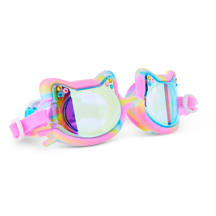 Angled view of Tie-Dye Tabby Meowberry Breeze cat-shaped swim goggles with rhinestones 
