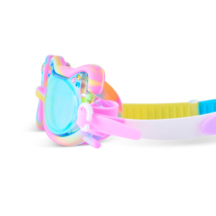 Close-up of Tie-Dye Tabby swim goggles in Meowberry Breeze showing cat-shaped swim goggles with rhinestones