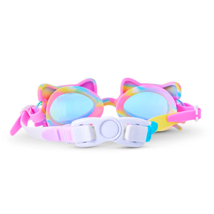 Back view of Tie-Dye Tabby swim goggles showing strap and back clip