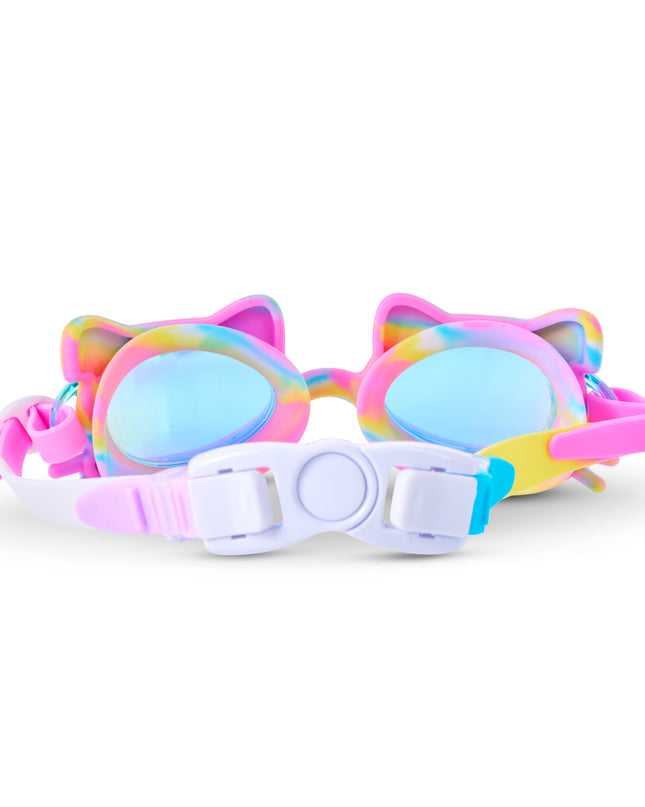Back view of Tie-Dye Tabby swim goggles showing strap and back clip