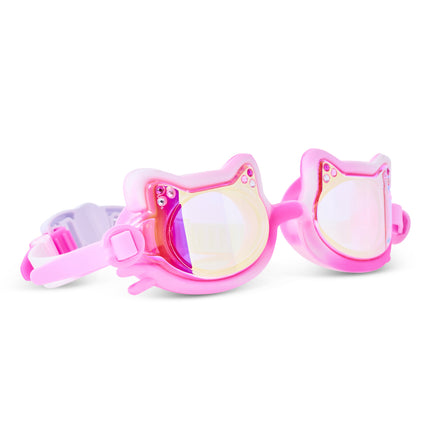 Angled view of Tie-Dye Tabby Pawberry Milk swim goggles with cat ears
