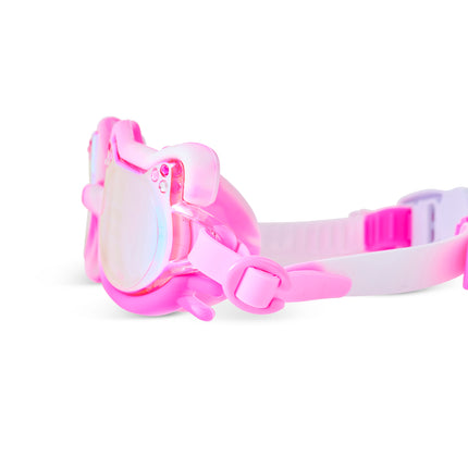 Close-up of Tie-Dye Tabby swim goggles in Pawberry Milk showing swirl detail