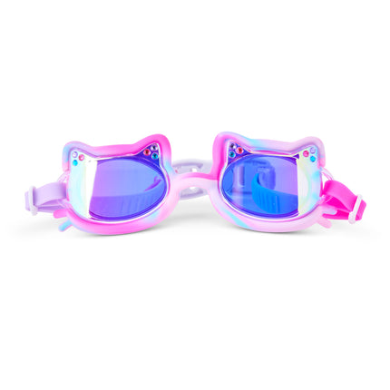 Tie-Dye Tabby cat-shaped swim goggles in Purrberry Bliss tie-dye