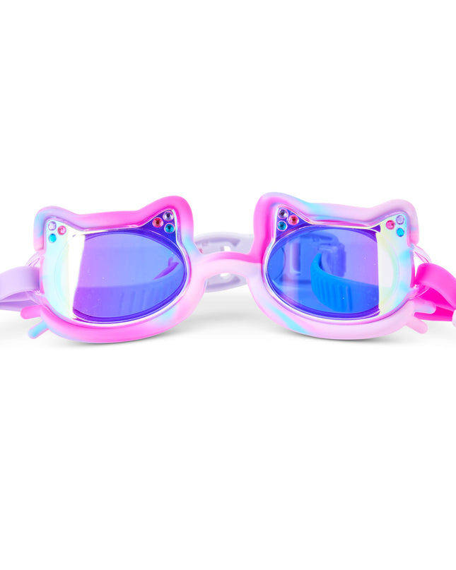 Tie-Dye Tabby cat-shaped swim goggles in Purrberry Bliss tie-dye