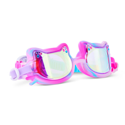 Angled view of Tie-Dye Tabby Purrberry Bliss cat shaped swim goggles