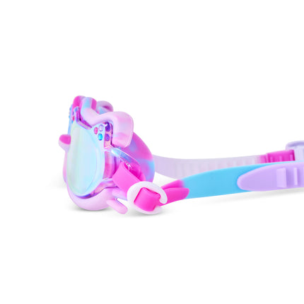 Close-up of Tie-Dye Tabby swim goggles in Purrberry Bliss showing tie-dye detail