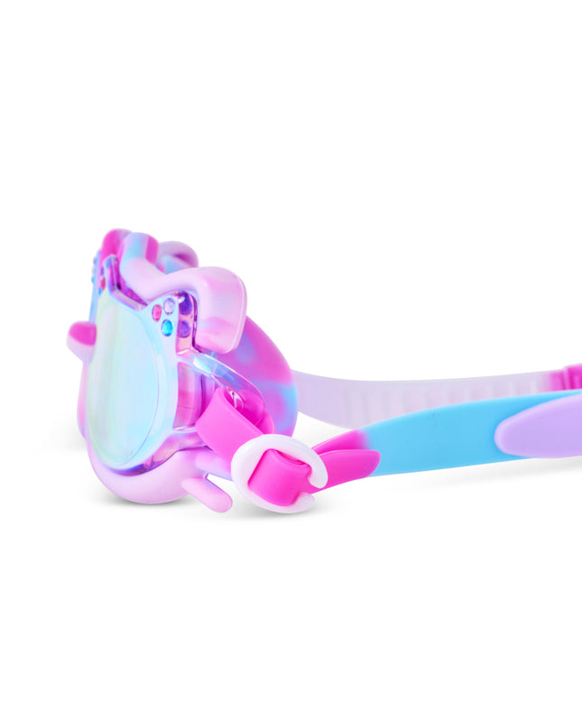 Close-up of Tie-Dye Tabby swim goggles in Purrberry Bliss showing tie-dye detail