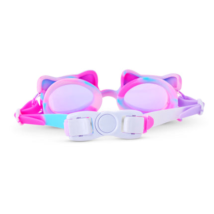 Back view of Tie-Dye Tabby swim goggles showing strap and back clip