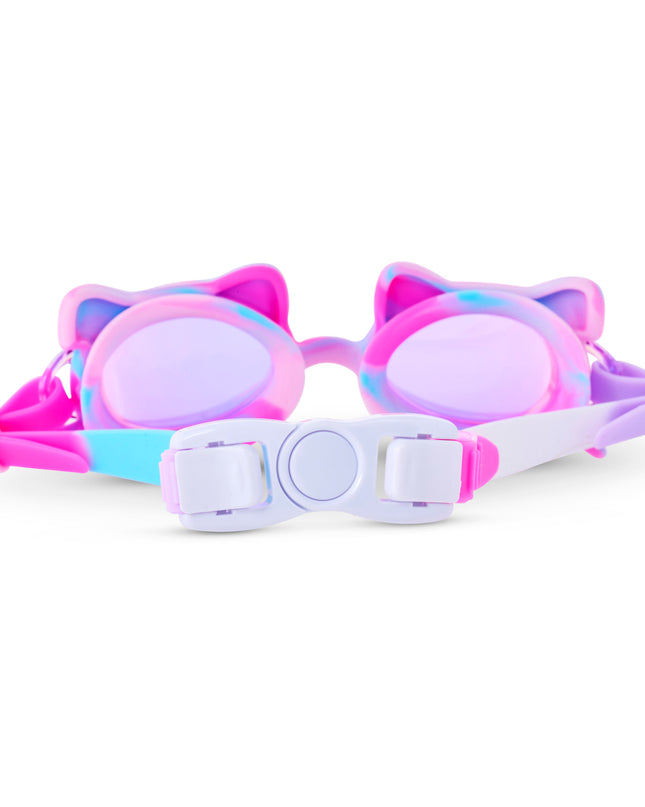 Back view of Tie-Dye Tabby swim goggles showing strap and back clip