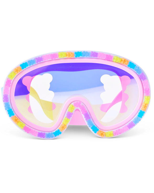 Candy Cub Swim Mask in Sugar Splash showing 3D gummy bears around the frame and screen printed translucent gummy bear on lens 