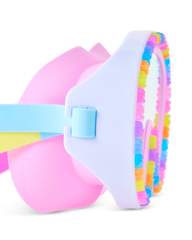 close- up view Candy Cub Swim Mask in Sugar Splash showing 3D gummy bears around the frame and light pink gasket