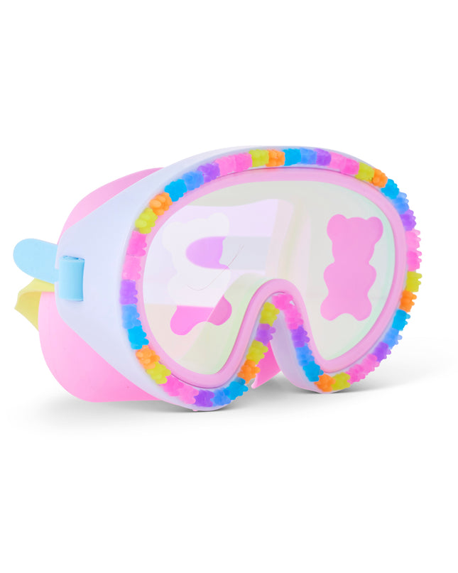 angled view of Candy Cub Swim Mask in Sugar Splash showing 3D gummy bears around the frame and screen printed translucent gummy bear on lens 