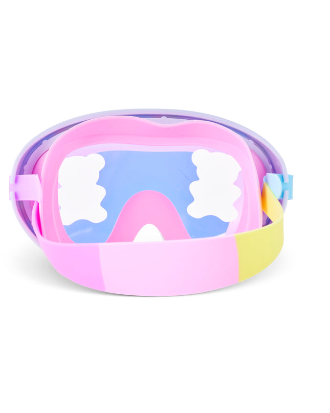 back view of Candy Cub Swim Mask in Sugar Splash showing screen printed translucent gummy bear on lens and strap
