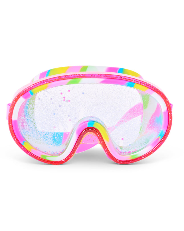 Crystal Current Swim Mask in Magenta Mix showing 3D falling glitter in a double lens, a hot pink glitter infused frame and rainbow silicone