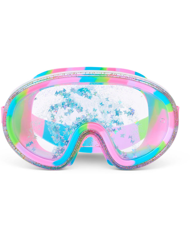 Crystal Current Swim Mask in Sapphire Swirl showing 3D falling glitter in a double lens, a glitter infused frame and rainbow silicone gasket and strap