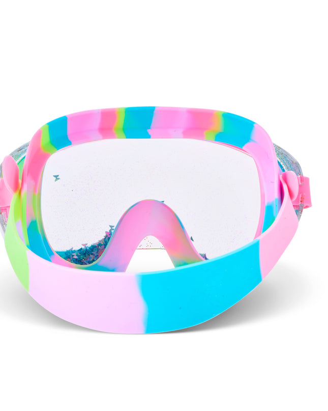 back view of Crystal Current Swim Mask in Sapphire Swirl showing rainbow swirl silicone gasket and strap