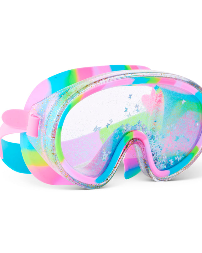 angled view of Crystal Current Swim Mask in Sapphire Swirl showing 3D falling glitter in a double lens, a glitter infused frame and rainbow silicone gasket and strap