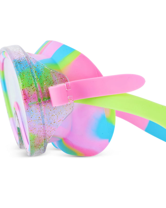close-up view of Crystal Current Swim Mask in Sapphire Swirl showing a glitter infused frame and rainbow silicone gasket and strap