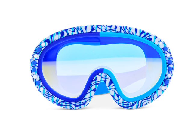 Dino Dash Swim Mask in Bronto Blue showing a striped printed pattern on frame and blue and white silicone spikes 