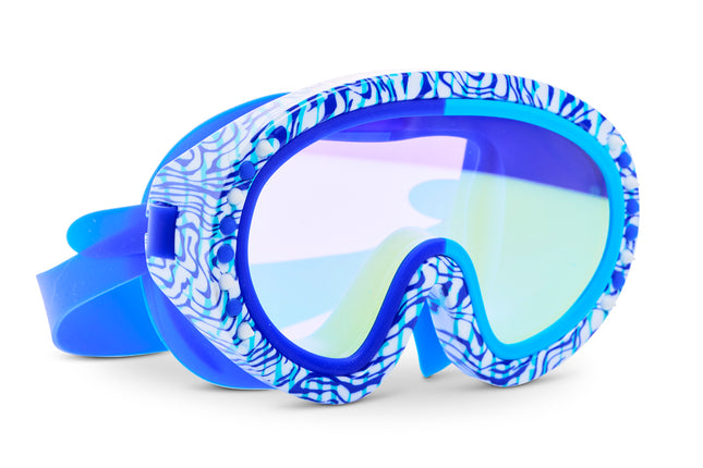 angled view of Dino Dash Swim Mask in Bronto Blue showing a striped printed pattern on frame and blue and white silicone spikes 