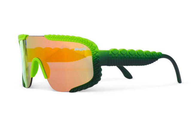 side view of gulf shore kids' sunglasses in gator glare green showing gator textured arms and frame