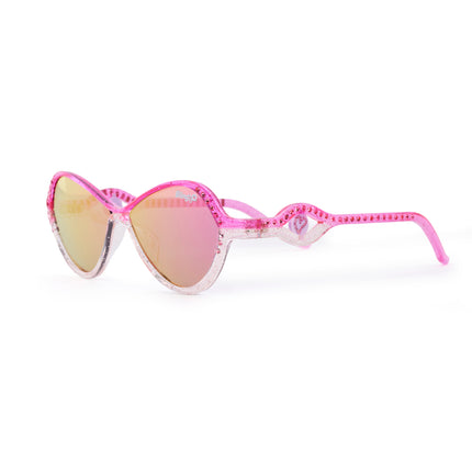 angled product shot of heart beach kids' sunglasses in rosa romance showing a pink and white frame with pink rhinestones on the frame and arm with a heart insignia in a loop on the arm of the sunglass
