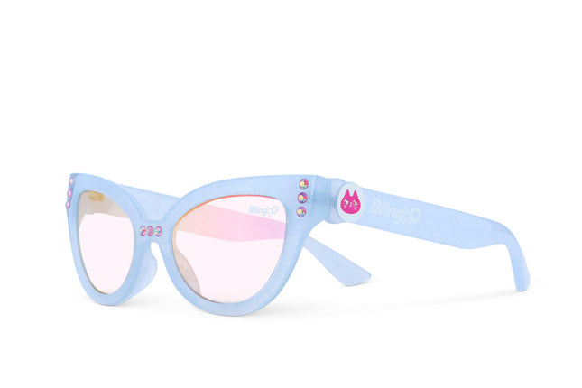 angled view of malibu beach kids' sunglasses in bay blue showing baby blue frame and pink rhinestone detail