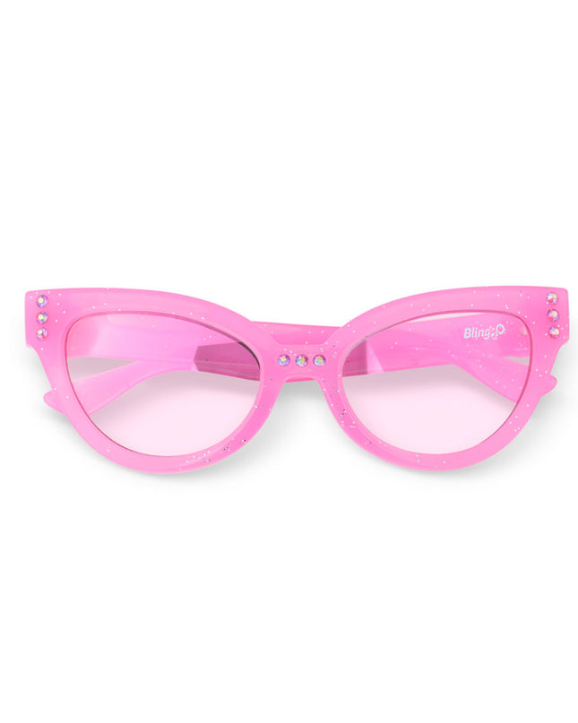 malibu beach kid's sunglasses in pisces pink to camera showing pink glitter frame and pink rhinestone detail