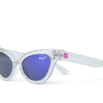 angled view of malibu beach kids' sunglasses in starship sparkle showing a silver glitter infused frame and pink rhinestones