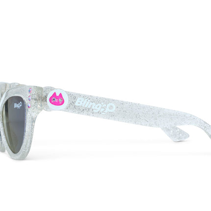 side view of malibu beach kids' sunglasses in starship sparkle showing a silver glitter infused frame and pink rhinestones