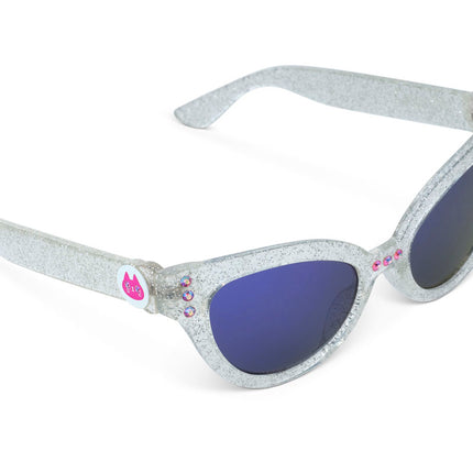 angled view of malibu beach kids' sunglasses in starship sparkle showing a silver glitter infused frame and pink rhinestones