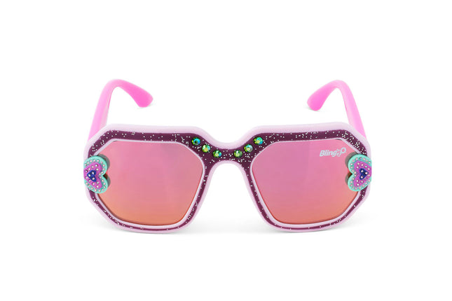 front view of miami beach kids' sunglasses in ultra violet showing a purple glitter infused square frame with hearts and rhinestone details and 3D glitter in the arms of the sunglasses