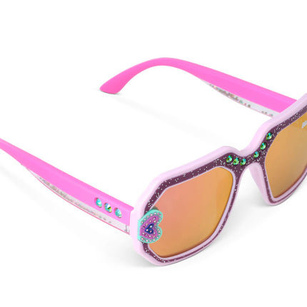 angled view of miami beach kids' sunglasses in ultra violet showing a purple glitter infused square frame with hearts and rhinestone details and 3D glitter in the arms of the sunglasses