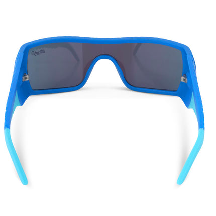 back view of sand harbor kids' sunglasses in sky blue stegosaur showing a sleek frame 