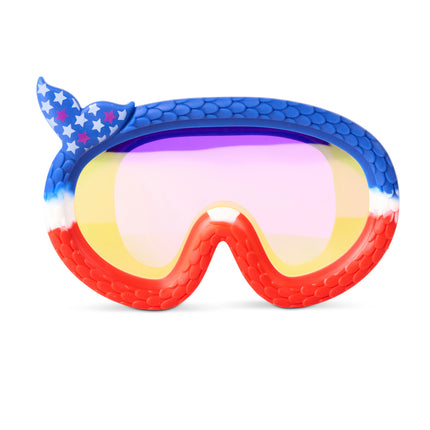 front view of cove kids' swim mask in courage cove showing mermaid tail frame featuring red white and blue fish tail pattern with stars and mirrored lens
