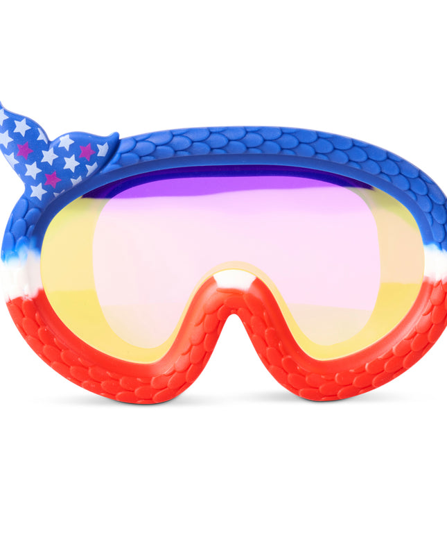 front view of cove kids' swim mask in courage cove showing mermaid tail frame featuring red white and blue fish tail pattern with stars and mirrored lens