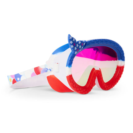 angle view of cove kids' swim mask in courage cove showing mermaid tail frame featuring red white and blue fish tail pattern with stars and mirrored lens