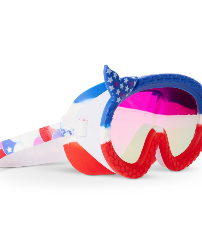 angle view of cove kids' swim mask in courage cove showing mermaid tail frame featuring red white and blue fish tail pattern with stars and mirrored lens