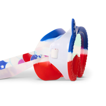 side view of cove kids' swim mask in courage cove showing mermaid tail frame featuring red white and blue fish tail pattern