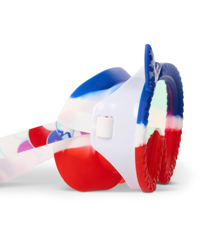 side view of cove kids' swim mask in courage cove showing mermaid tail frame featuring red white and blue fish tail pattern