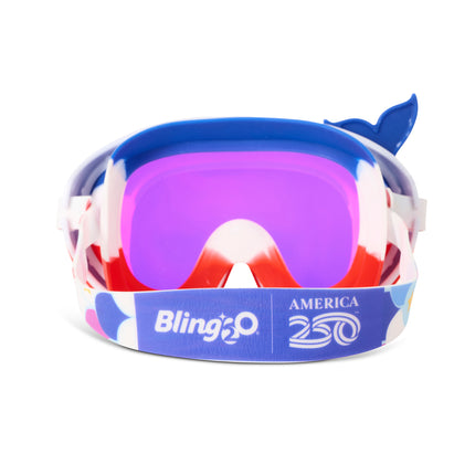 back view of cove kids' swim mask in courage cove showing strap with america250 logo