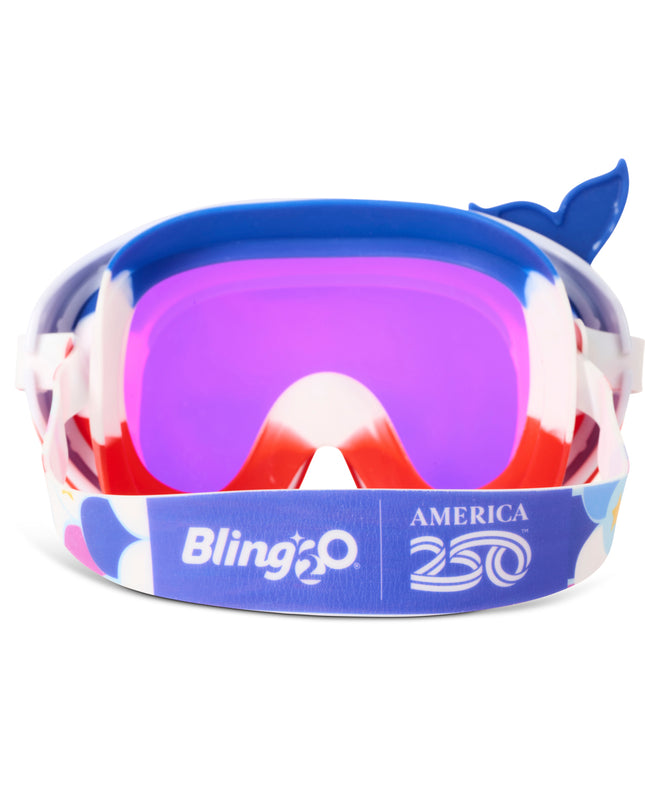 back view of cove kids' swim mask in courage cove showing strap with america250 logo