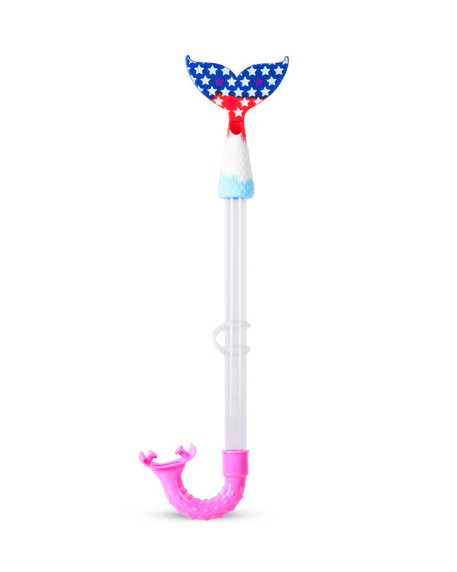 standing up view of cove snorkel in fin of freedom showing a red white and blue mermaid tail with stars 