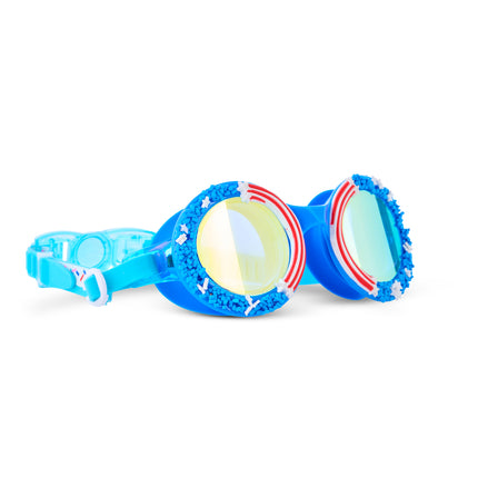 angle view of cupcakes kids' swim goggles in star stripes and sprinkles showing red white and blue themed faux sprinkles and icing 